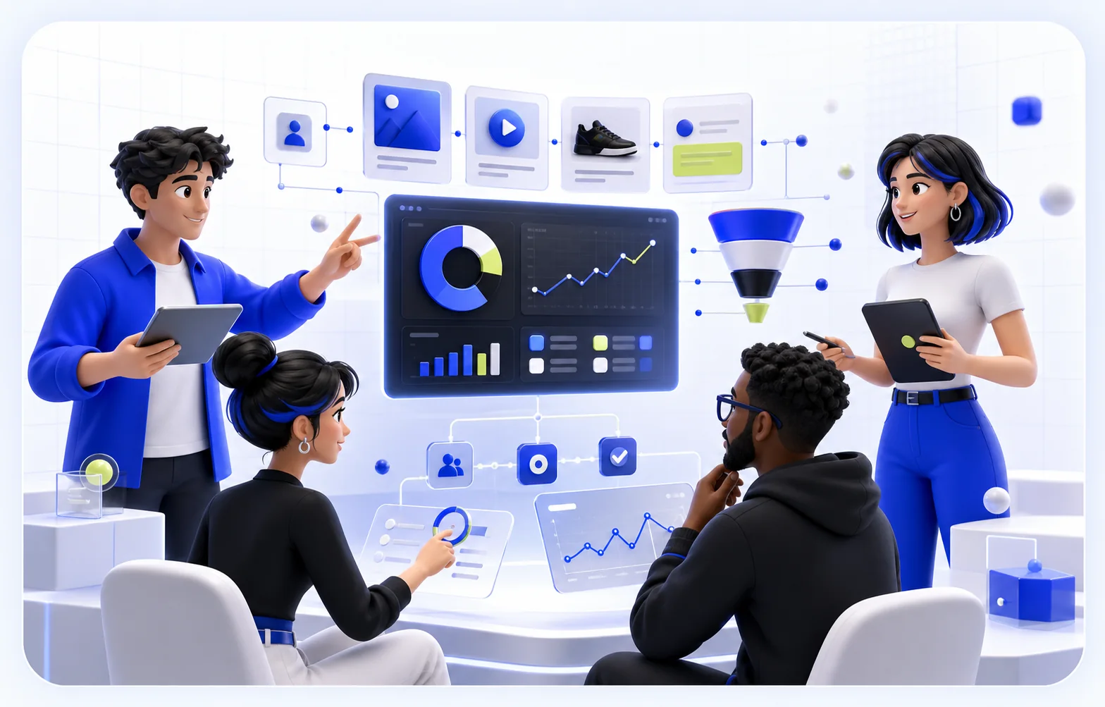 Illustrated AdConverzo growth team collaborating around a performance marketing dashboard
